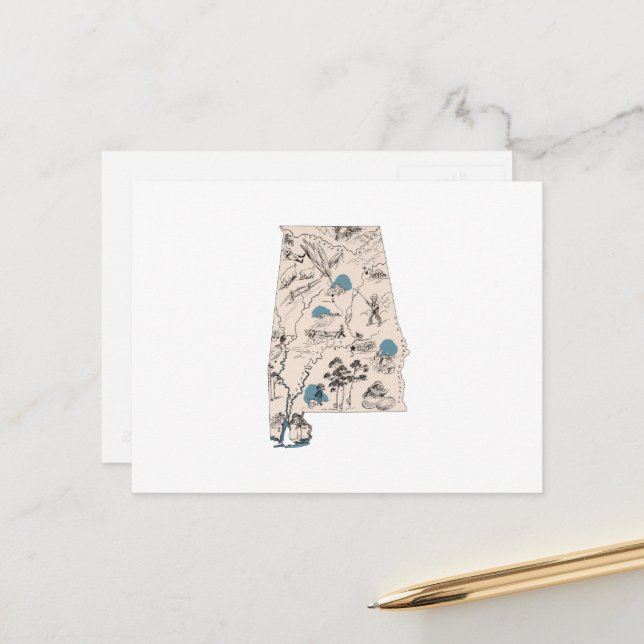 Alabama Vintage Picture Map Antique State Chart Postcard (Front/Back In Situ)