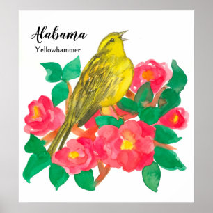 Alabama Yellowhammer Pink Camellias Watercolor Poster