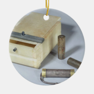 Alabaster box and bronze and silver seal cylinders ceramic tree decoration