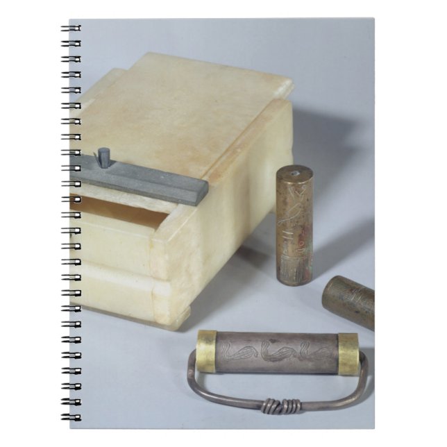 Alabaster box and bronze and silver seal cylinders notebook (Front)