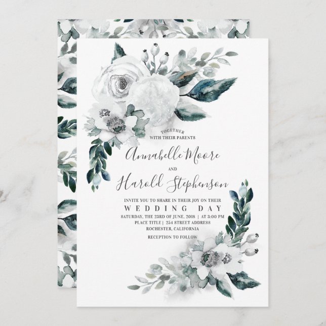 Alabaster Floral Greenery | Watercolor Wedding Invitation (Front/Back)
