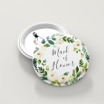 Alabaster Floral Wreath Maid of Honour 6 Cm Round Badge<br><div class="desc">Identify the key players at your bridal shower with our elegant,  sweetly chic floral buttons. Button features a green and white watercolor floral wreath with "maid of honour" inscribed inside in hand lettered script.</div>