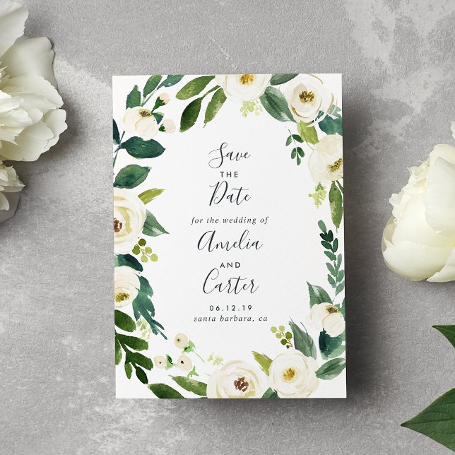 Alabaster Floral Wreath Save the Date Card (Creator Uploaded)