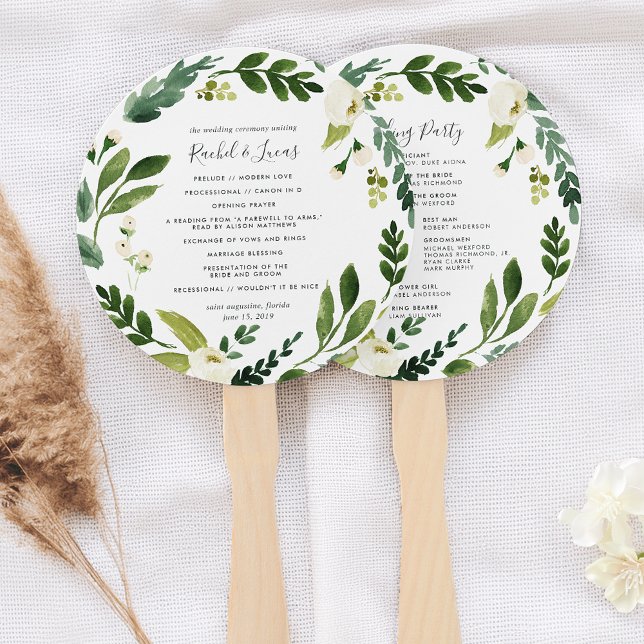 Alabaster Floral Wreath Wedding Program Hand Fan (Creator Uploaded)