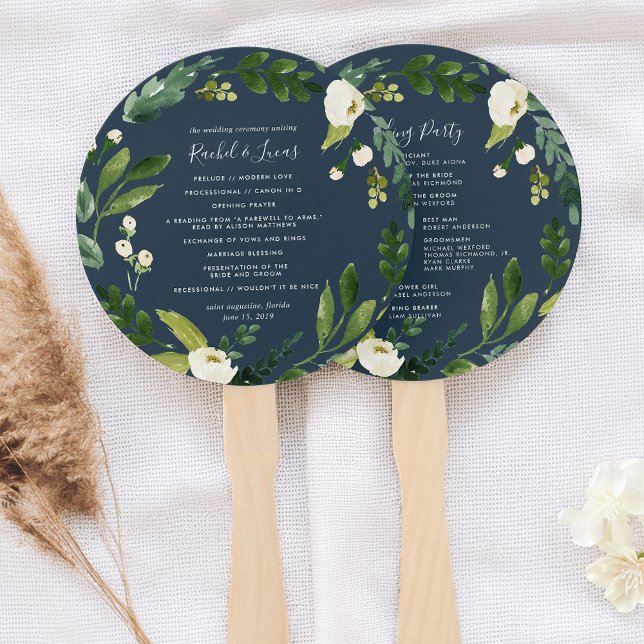 Alabaster Floral Wreath Wedding Program Hand Fan (Creator Uploaded)