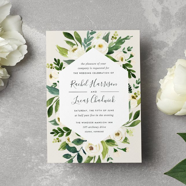 Alabaster | Green & White Floral Frame Wedding Invitation (Creator Uploaded)
