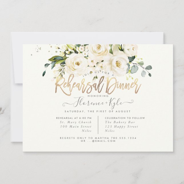 Alabaster Roses Rehearsal Dinner Invitation (Front)
