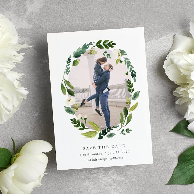 Alabaster Wreath Photo Save the Date Card (Creator Uploaded)
