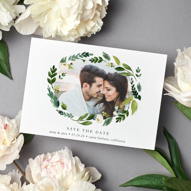 Alabaster Wreath Photo Save the Date Card (Creator Uploaded)