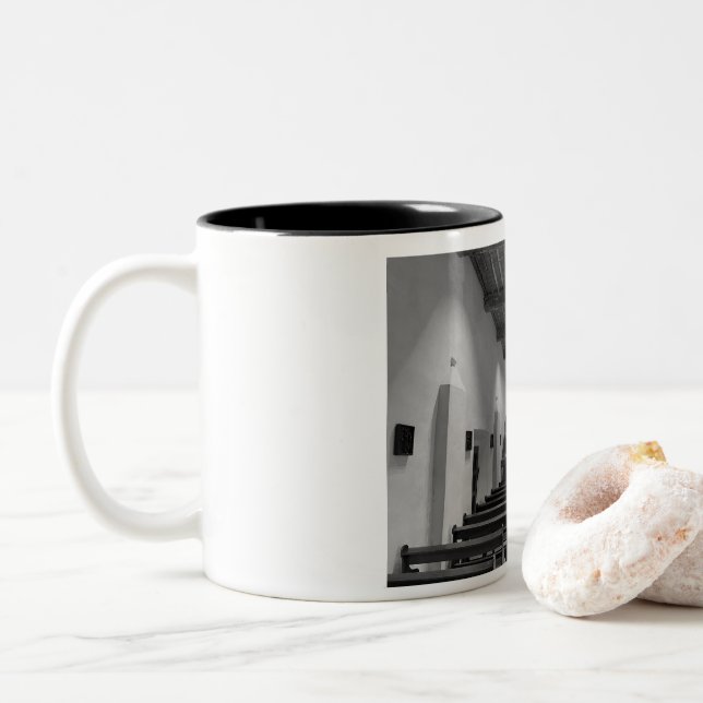 Alamo church Two-Tone coffee mug (With Donut)