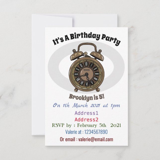 Alarm clock cartoon illustration invitation (Front)