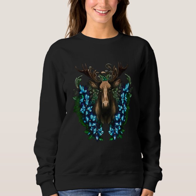 Alaska A Moose Head With Antlers And Flowers Tatto Sweatshirt (Front)