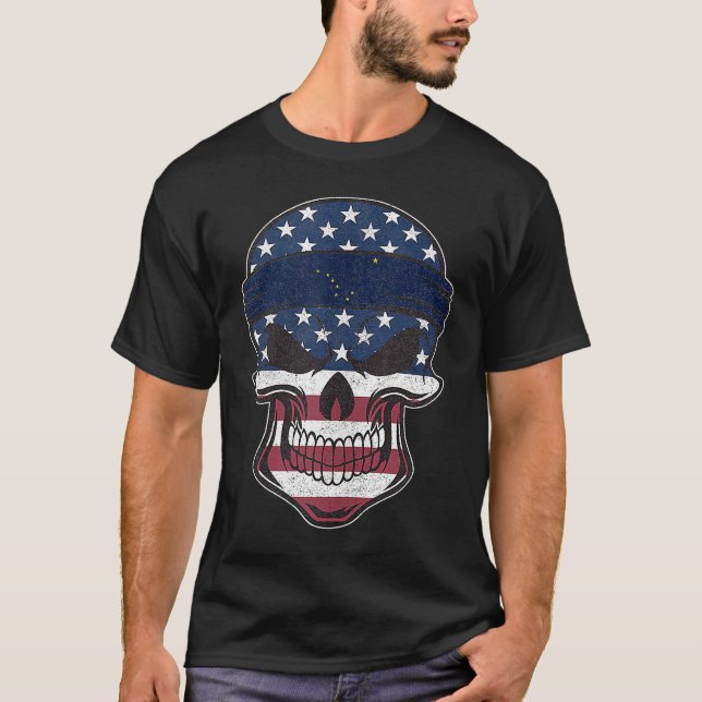 Alaska American Flag Skull  State Flag Alaska Root T-Shirt (Front)