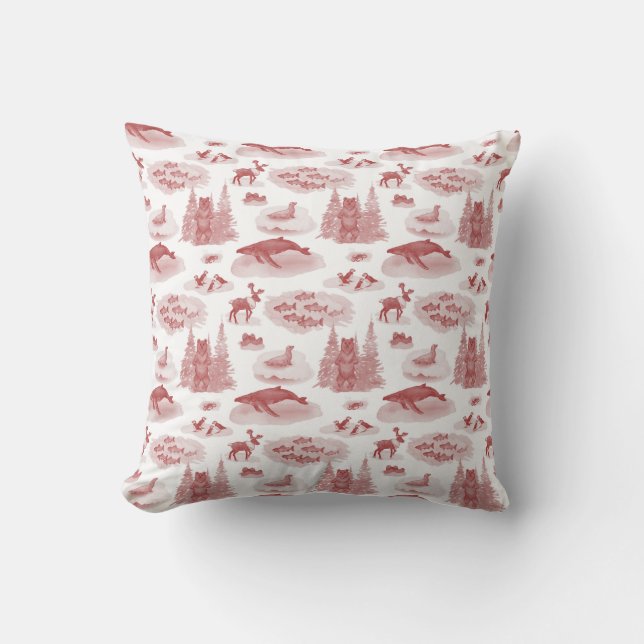 Alaska Animal Toile Throw Pillow (Brick Red) (Front)
