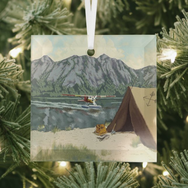 Alaska Bush Plane And Fishing Travel Glass Tree Decoration (Insitu)