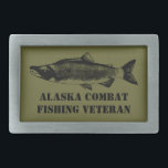 Alaska Combat Fishing Veteran Rectangular Belt Buckle<br><div class="desc">A black line drawing of a Sockeye Salmon (Oncorhynchus nerka) with customisable text reading "Alaska Combat Fishing Veteran." Fishing for salmon in Alaska is very popular, too popular in. Imagine thousands of anglers, just about shoulder to shoulder, lining both banks of a stream trying to avoiding crossing lines with everyone...</div>