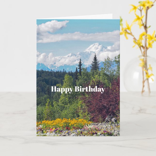 Alaska Denali Landscape Floral Photo Birthday Card (Yellow Flower)