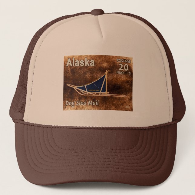 Alaska Dog Sled Mail Postage Stamp Trucker Hat (Front)