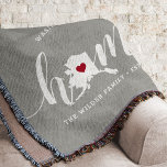 Alaska Home State Rustic Personalised Throw Blanket<br><div class="desc">Show some home state pride with this cute rustic grey throw blanket featuring "home" in white calligraphy script lettering with a silhouette map of the state of Alaska standing in for the letter "O." A pink heart illustration inside the state map completes the design; you can change the position of...</div>