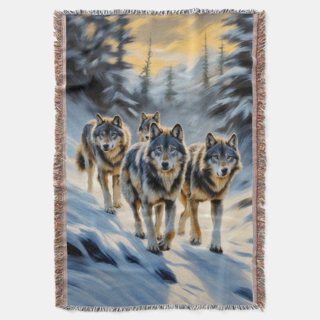 Alaska Landscape Wild Wolf Pack Winter Scene Throw Blanket (Front Vertical)