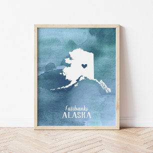 Alaska Map Blue Watercolor Personalised Art Poster