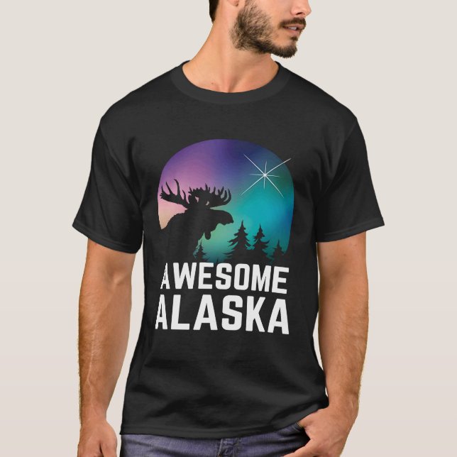 Alaska Moose Northern Aurora Borealis Lights Alask T-Shirt (Front)