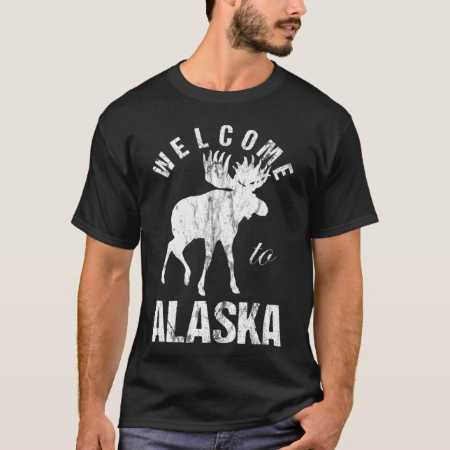 Alaska Moose Welcome to Alaska Distressed T-Shirt (Front)