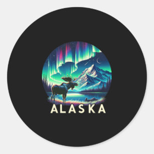 Alaska Northern Lights Aurora Viewing Moose Vacati Classic Round Sticker
