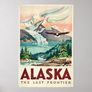 Alaska Northern Lights Bald Eagle Illustration Poster