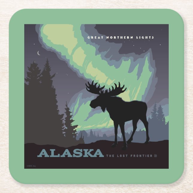 Alaska | Northern Lights Moose Square Paper Coaster (Front)