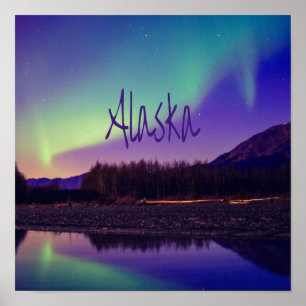Alaska Northern Lights Mountains Lake Poster