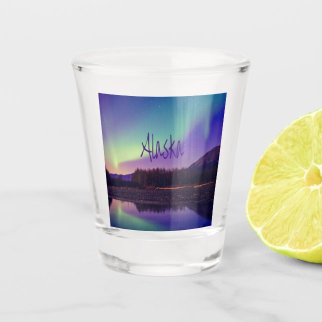 Alaska Northern Lights Mountains Lake Shot Glass (Front)