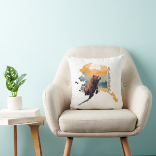Alaska Outline Bear and Mountains Cushion