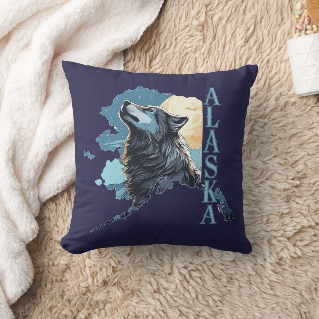 Alaska Outline Wolf and Moon Cushion (Blanket)