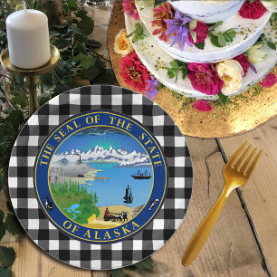 Alaska Plate, buffalo plaid USA & Alaska Flag Paper Plate