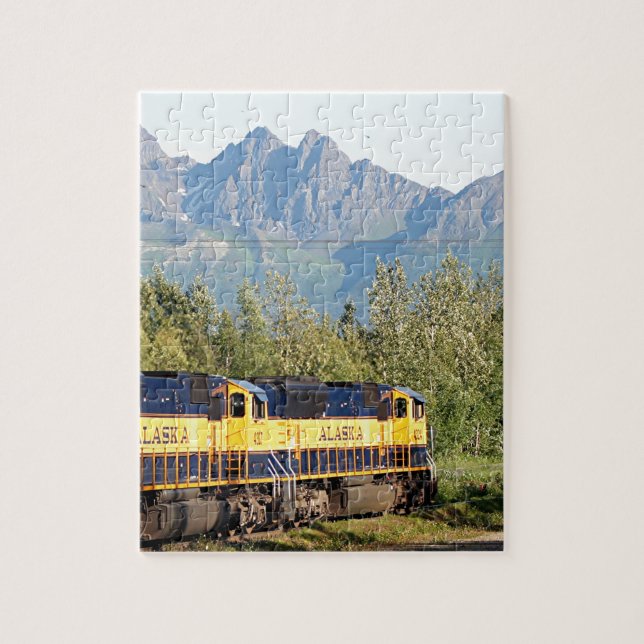 Alaska Railroad locomotive engine & mountains Jigsaw Puzzle (Vertical)