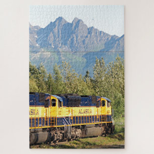 Alaska Railroad locomotive engine & mountains Jigsaw Puzzle