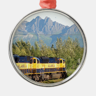 Alaska Railroad locomotive engine & mountains Metal Tree Decoration