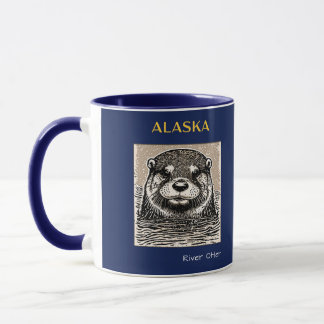 Alaska River Otter Portrait Blue and Gold Mug