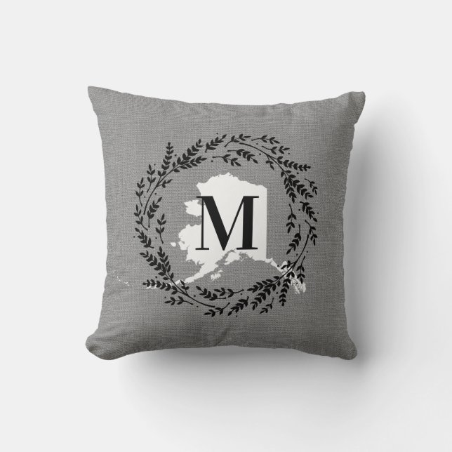 Alaska Rustic Wreath Monogram Throw Pillow (Front)