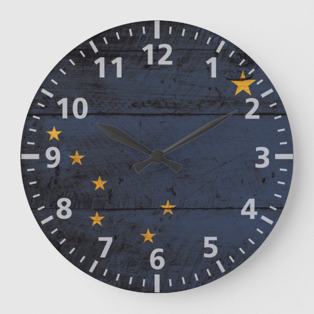 Alaska State Flag on Old Wood Grain Large Clock (Front)