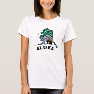 Alaska State Tattoo Style Northern Lights, Grizzly T-Shirt