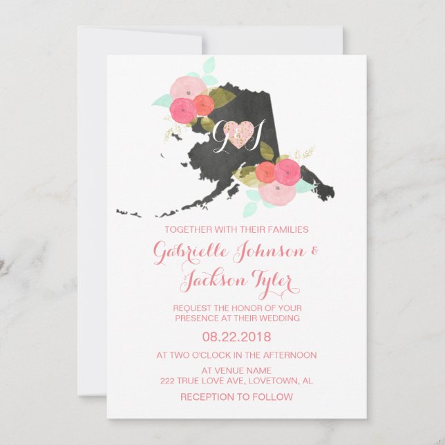 Alaska State Watercolor Floral Wedding Invitation (Front)