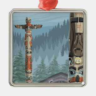 Alaska Totem Poles - Sitka, Alaska Metal Tree Decoration