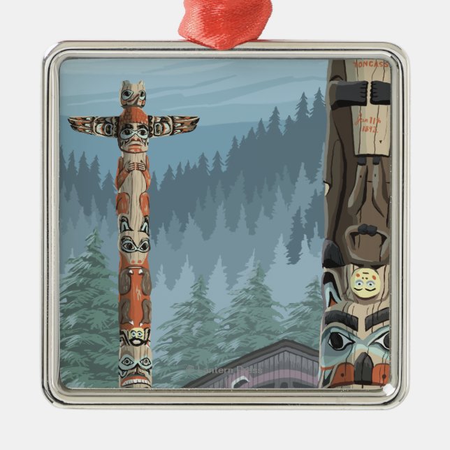 Alaska Totem Poles - Sitka, Alaska Metal Tree Decoration (Front)