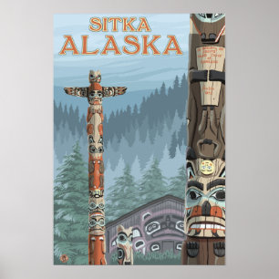 Alaska Totem Poles - Sitka, Alaska Poster