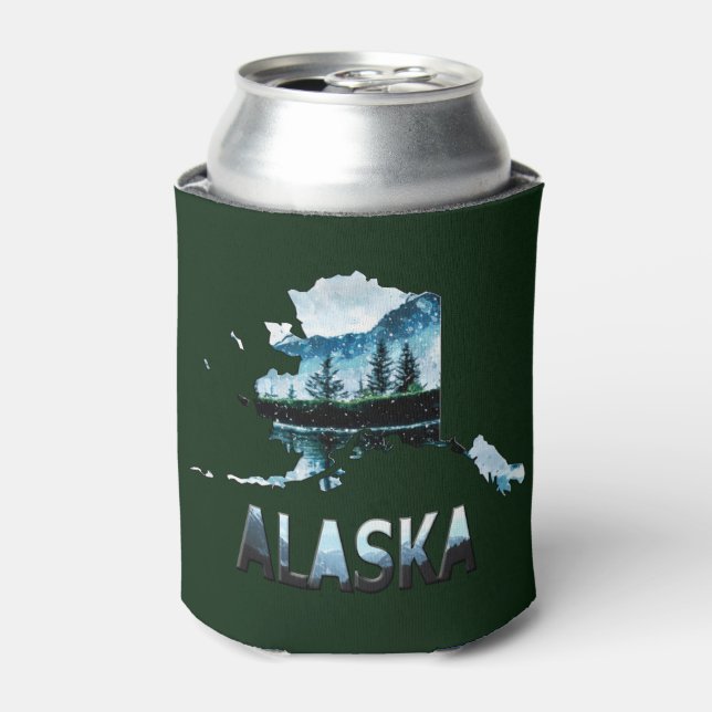 Alaska Watercolor Landscape Map Can Cooler (Can Front)