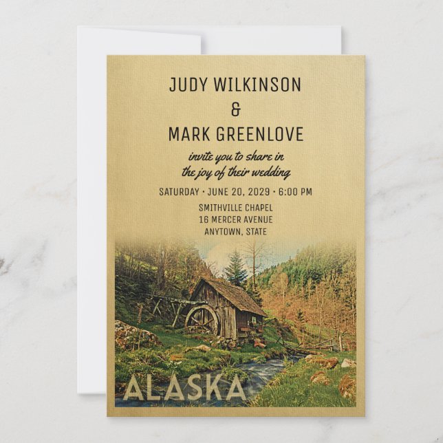 Alaska Wedding Invitation Rustic Cabin Mill Woods (Front)