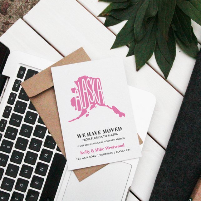 ALASKA We've moved New address New Home  Postcard (MOVING ANNOUNCEMENTE IN PINK AND STYLISH PALETTE WITH ALASKA STATE)