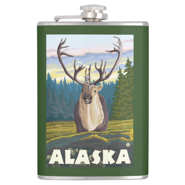 AlaskaCaribou in the Wild Vintage Travel Hip Flask (Front)
